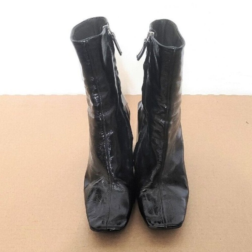 Topshop Black Patent Leather Boots Womens Size 38 Chunky Block Heel Retro - Picture 4 of 14